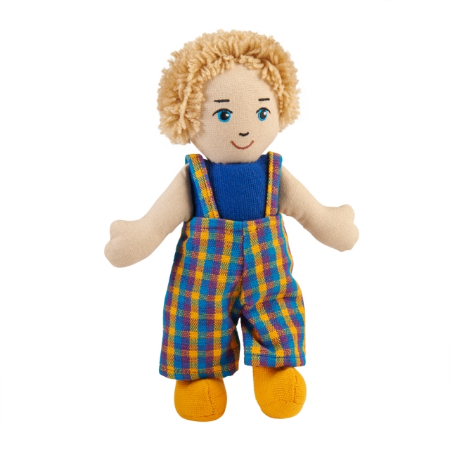 Soft toy boy rag doll with white skin, blonde hair wearing multicoloured dungarees
