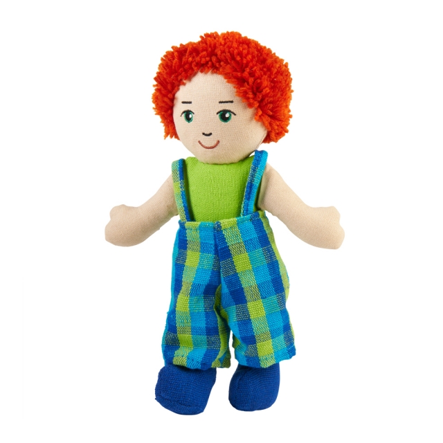 Soft toy boy rag doll with white skin, red hair wearing multicoloured dungarees