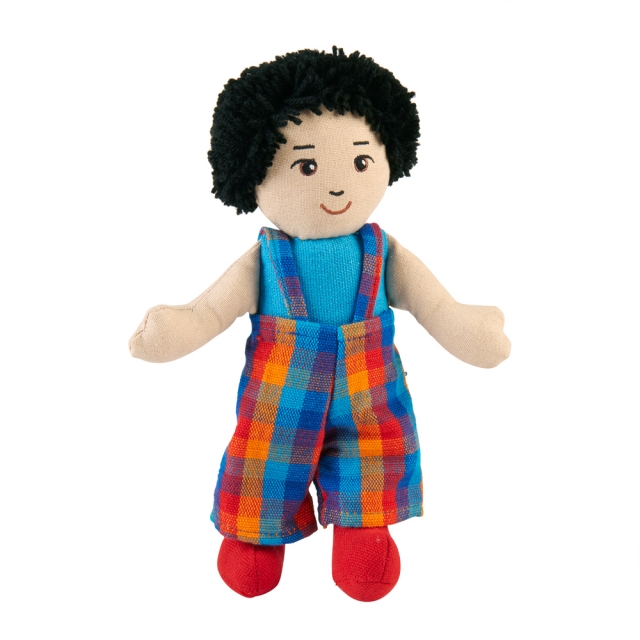 Soft toy boy rag doll with white skin, black hair wearing multicoloured dungarees