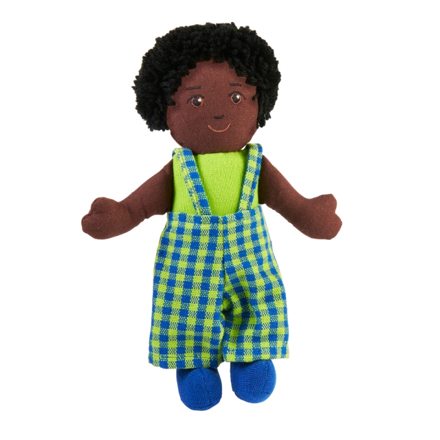 Soft toy boy rag doll with black skin, black hair wearing multicoloured dungarees