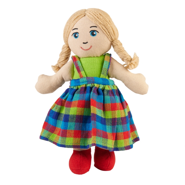 Soft toy girl rag doll with white skin, blonde hair wearing multicoloured dungarees