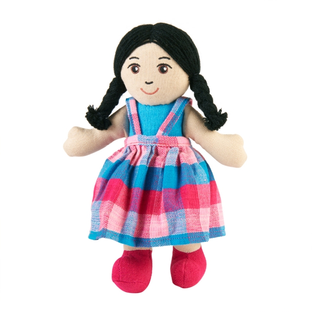 Soft toy girl rag doll with white skin, black hair wearing multicoloured dress