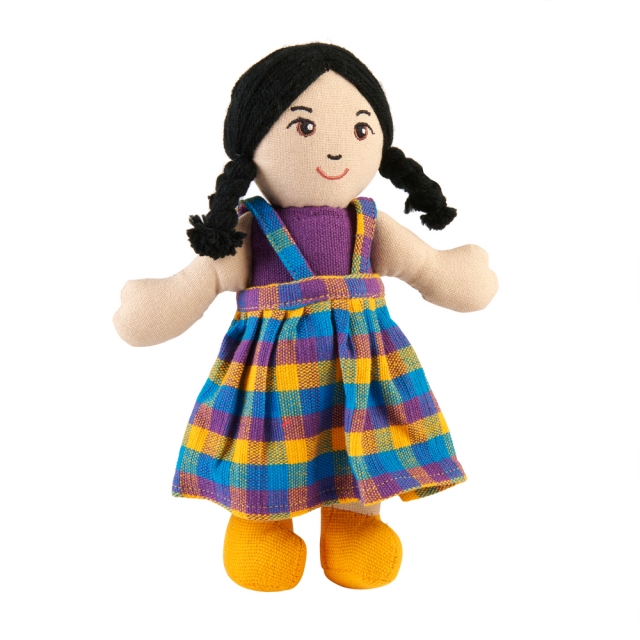 Soft toy girl rag doll with white skin, black hair wearing multicoloured dress