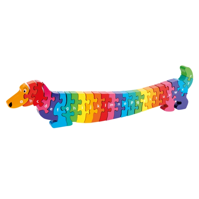 Twenty six piece chunky wooden multicoloured sausage dog a-z jigsaw puzzle in profile free standing