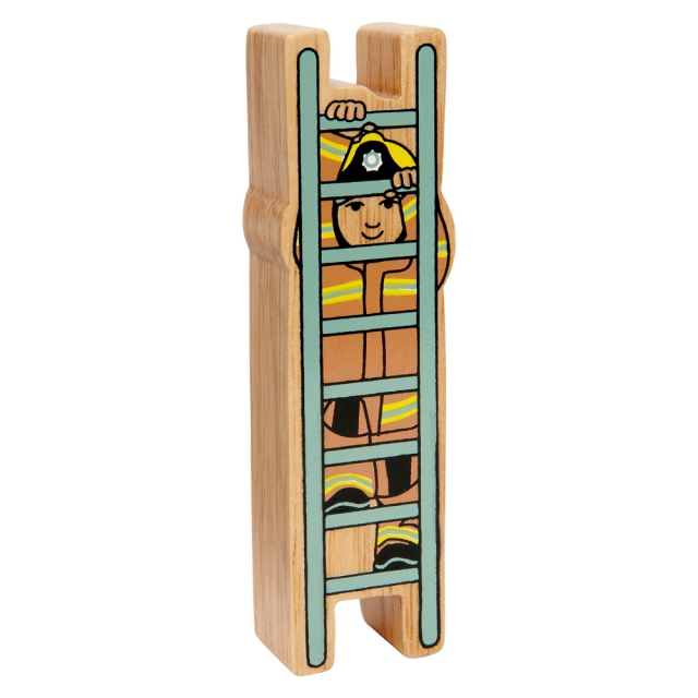 A chunky wooden firefighter climbing a ladder wooden toy character