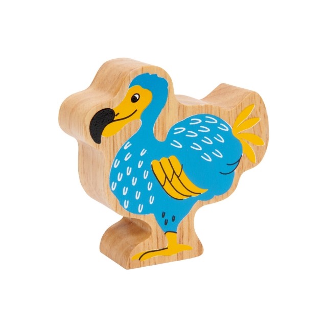 A chunky wooden blue dodo toy figure with a natural wood edge