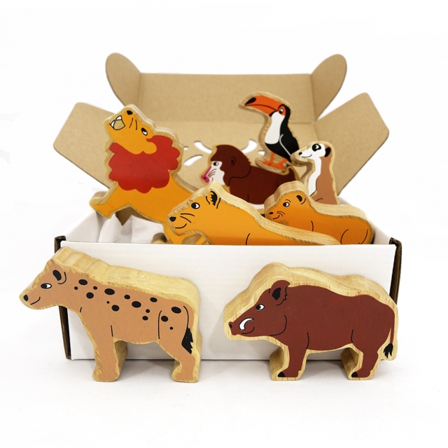 A childrens toy lion safari themed playset including 8 animals in a box