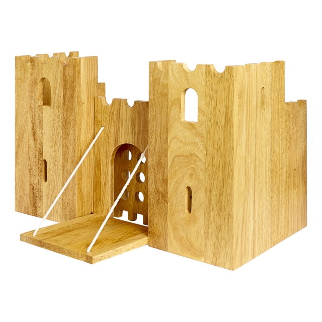 Natural wood castle playscene with lowered drawbridge