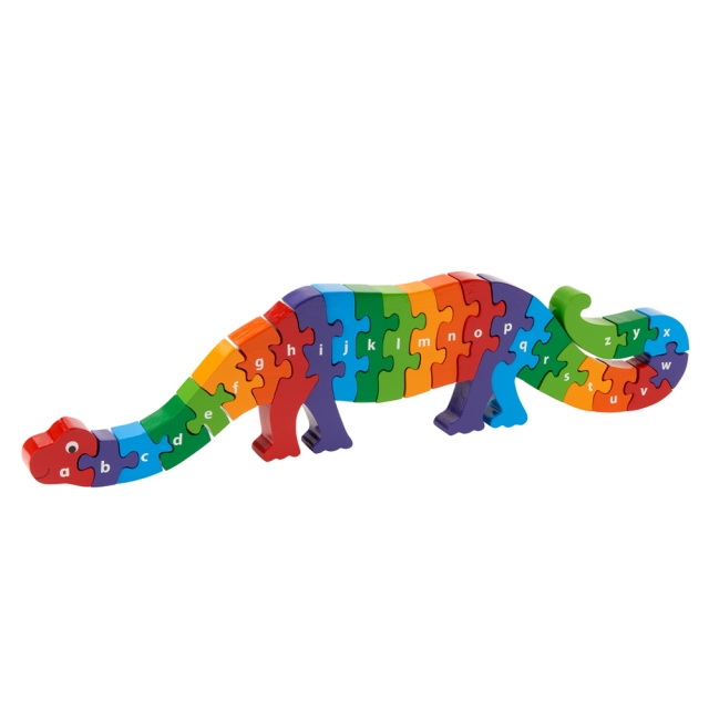 Twenty six piece chunky wooden rainbow dinosaur a-z jigsaw puzzle in profile free standing