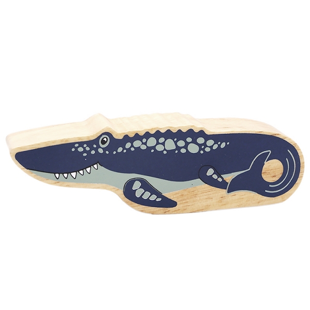 A chunky wooden dark blue mosasaurus dinosaur toy figure with natural wood edge