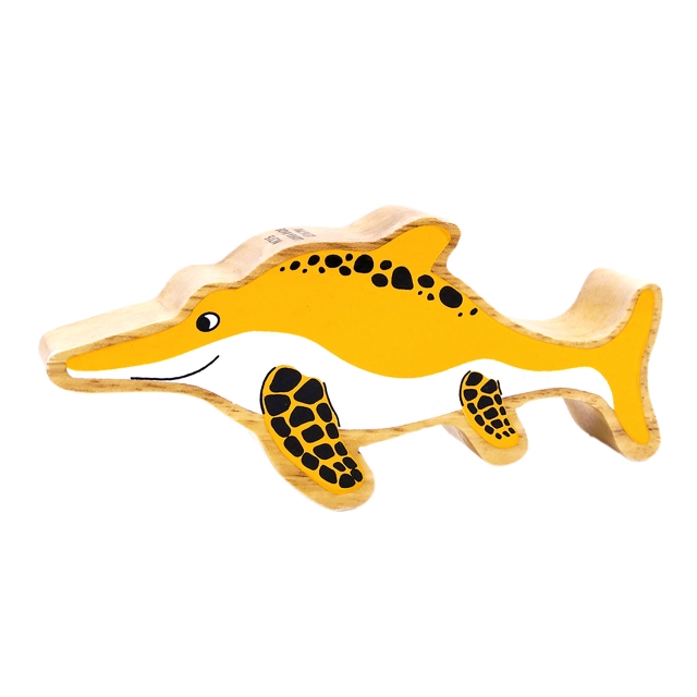 A chunky wooden yellow Ichthyosaur toy figure with a natural wood edge