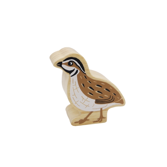 A chunky wooden brown quail toy figure with a natural wood edge