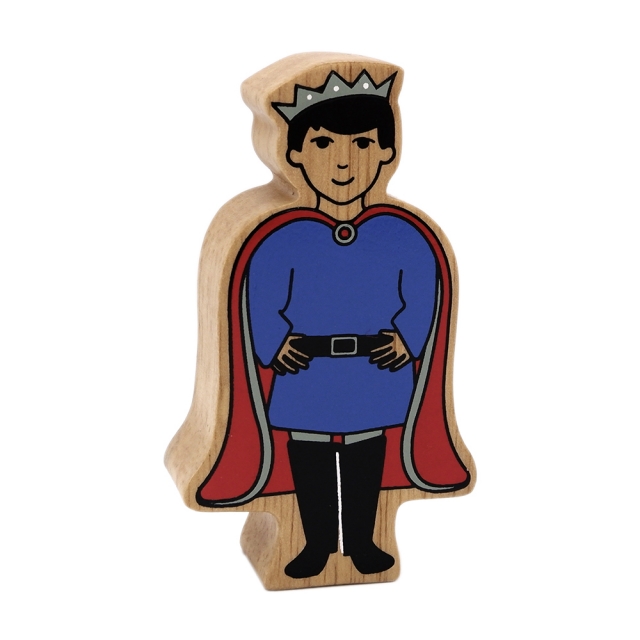 A wooden toy Prince wearing a crown and cape