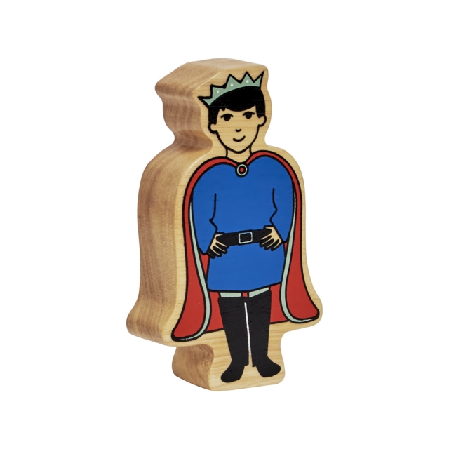 A wooden toy Prince wearing a crown and cape