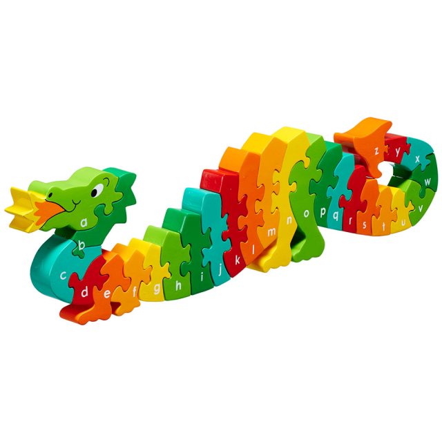 Twenty six piece chunky wooden multicoloured dragon a-z jigsaw puzzle in profile free standing