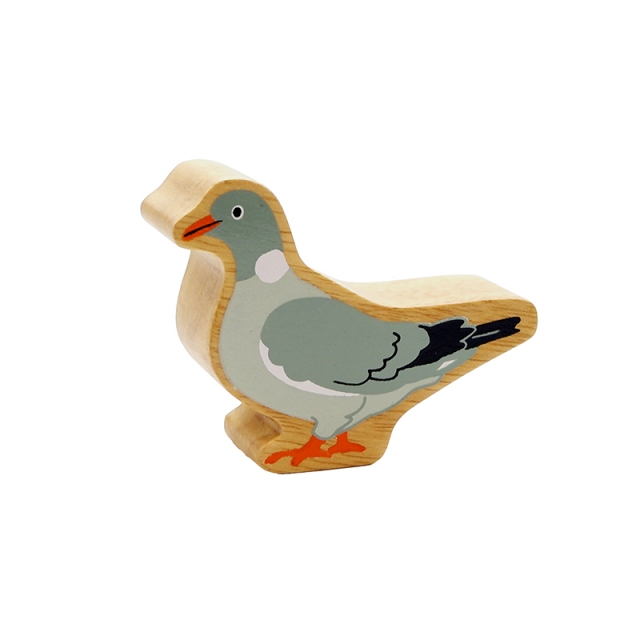 A chunky wooden grey pigeon toy figure with a natural wood edge