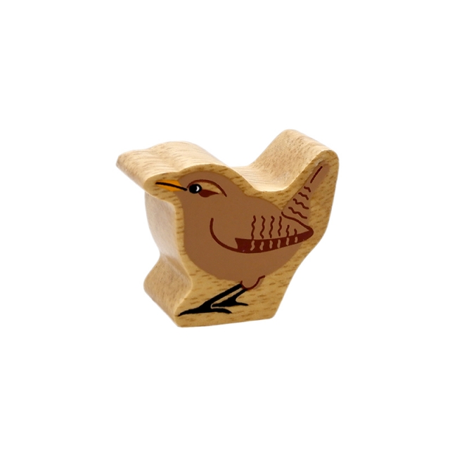 A chunky wooden brown wren toy figure with a natural wood edge