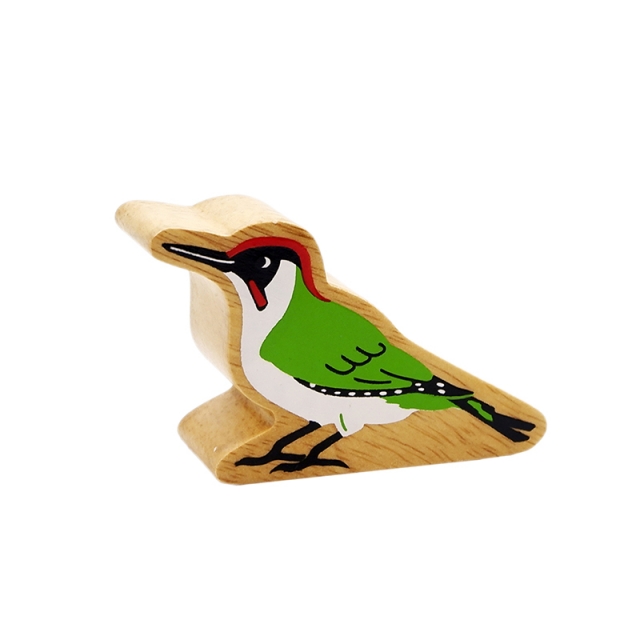 A chunky wooden green woodpecker toy figure with a natural wood edge