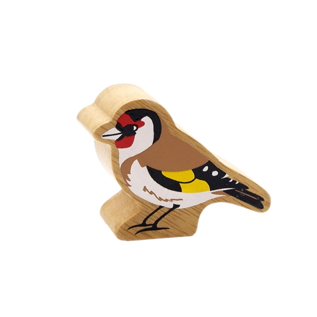 A chunky wooden yellow goldfinch toy figure with a natural wood edge