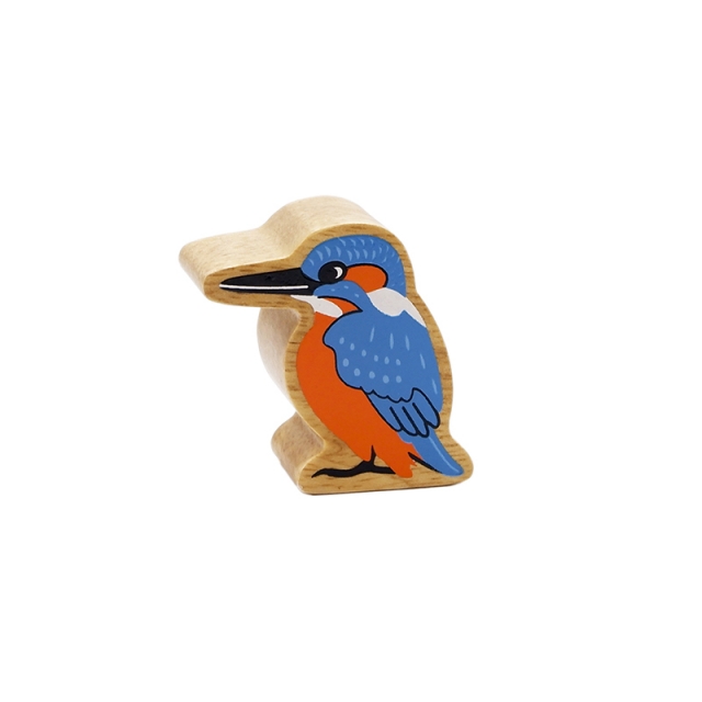 A chunky wooden blue kingfisher toy figure with a natural wood edge
