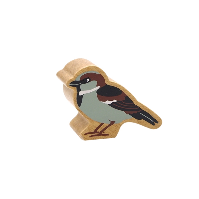 A chunky wooden grey house sparrow toy figure with a natural wood edge