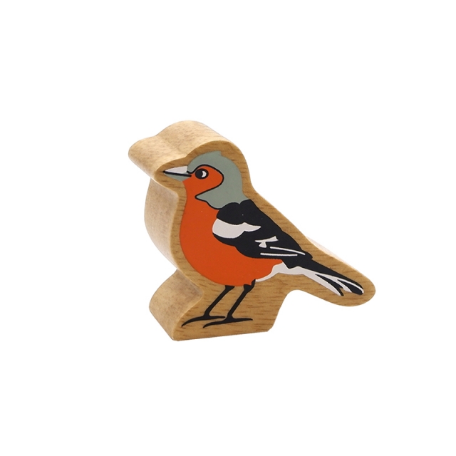 A chunky wooden orange chaffinch toy figure with a natural wood edge