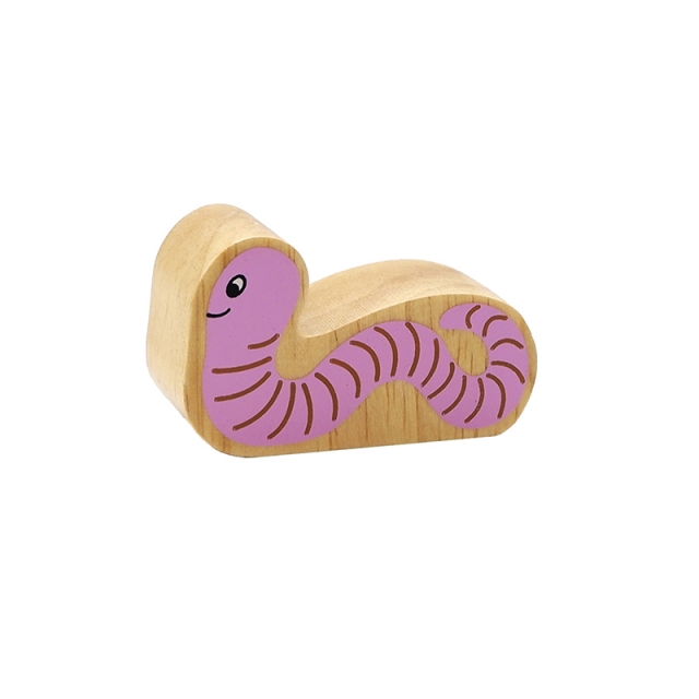 A chunky wooden pink worm toy figure with a natural wood edge