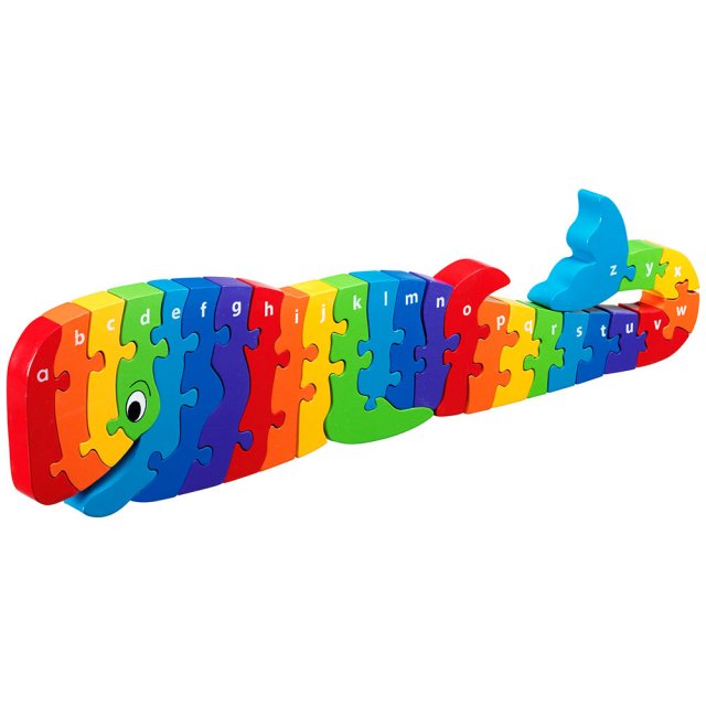 Twenty six piece chunky wooden rainbow whale a-z jigsaw puzzle in profile free standing
