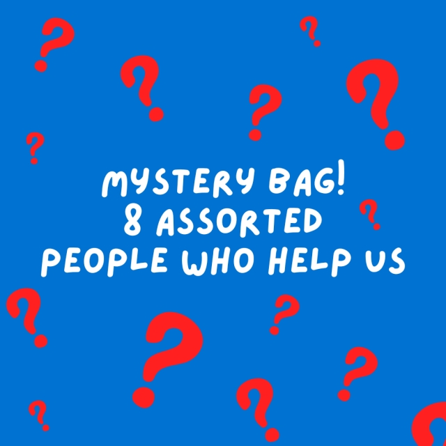 Blue back drop with floating red questions marks promoting people that help us mystery bag