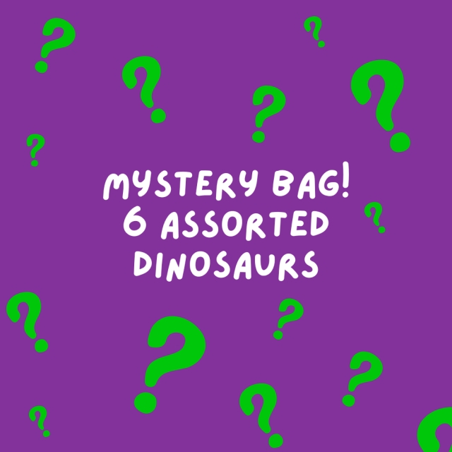 Purple back drop with floating green questions marks promoting dinosuar toy mystery bag