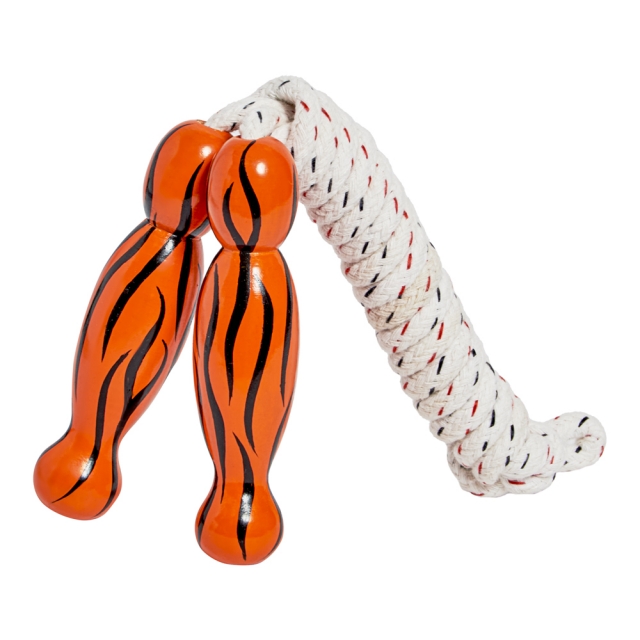 A wooden skipping rope, featuring charming black and orange tiger print handles