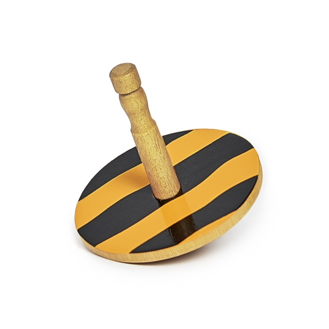 A natural wood animal print spinning top, featuring a black and yellow bee print design