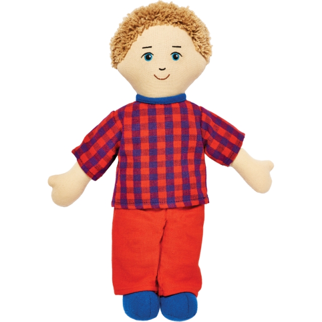 Soft toy dad rag doll with white skin, blonde hair wearing trousers and multicoloured t shirt