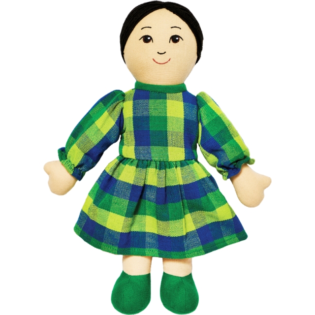 Soft toy Asian mum rag doll with white skin, black hair wearing multicoloured dress