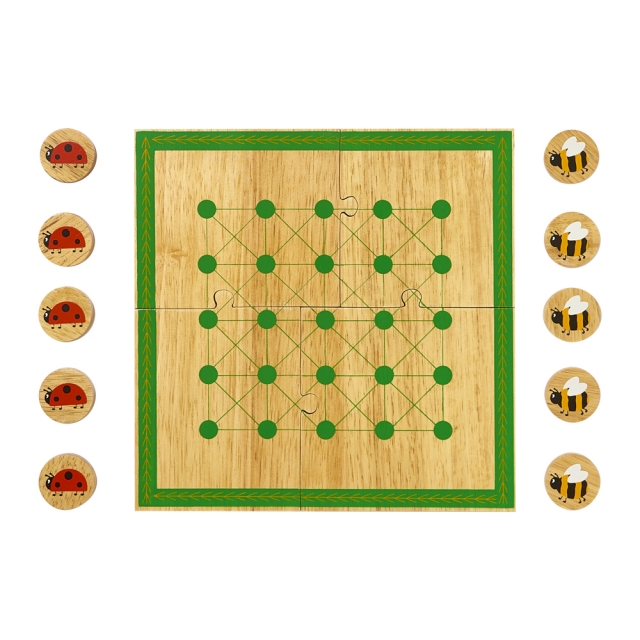 A wooden board game with ten bee and ladybird game pieces