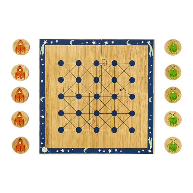 A wooden board game with 10 alien and rocket game pieces