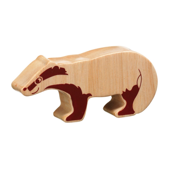 A chunky wooden badger toy figure in profile, plain with wood grain
