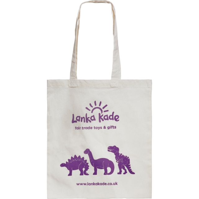 A Lanka Kade branded tote bag with purple Lanka Kade logo and dinosaur illustration