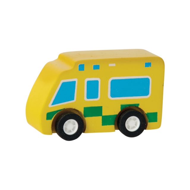 Yellow wooden mini ambulance toy with plastic black wheels