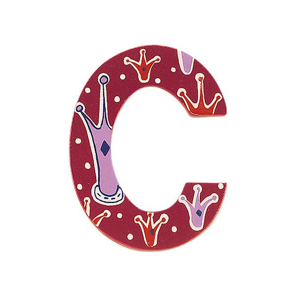 Sparkly pink wooden letter C with colourful Crown design hand screen printed on the front