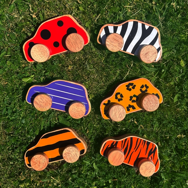 Collection of animal and insect print vehicles laying on grass