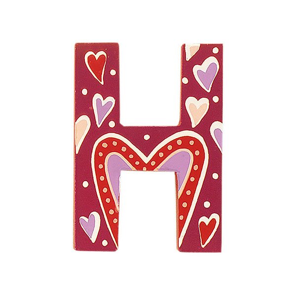 Sparkly pink wooden letter H with colourful Heart design hand screen printed on the front