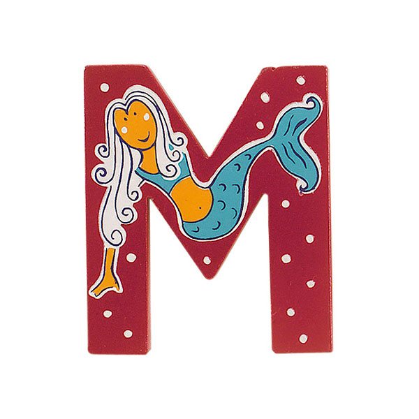 Sparkly pink wooden letter M with colourful Mermaid design hand screen printed on the front