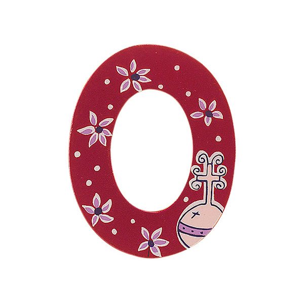 Sparkly pink wooden letter O with colourful Orb design hand screen printed on the front