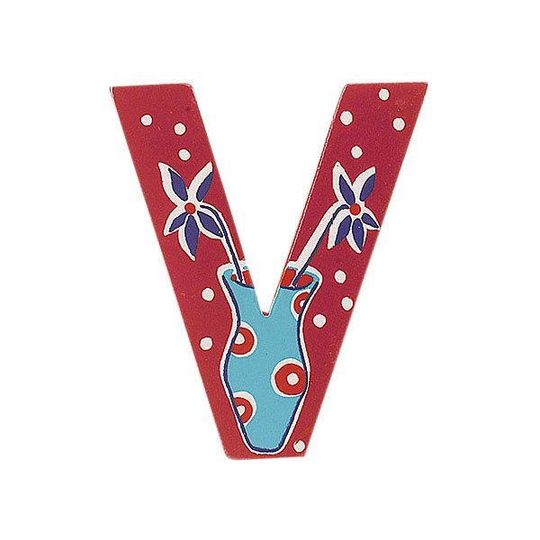 Sparkly pink wooden letter V with colourful Vase design hand screen printed on the front