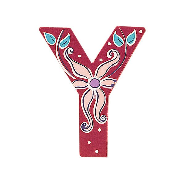 Sparkly pink wooden letter Y with colourful Ylang Ylang design hand screen printed on the front