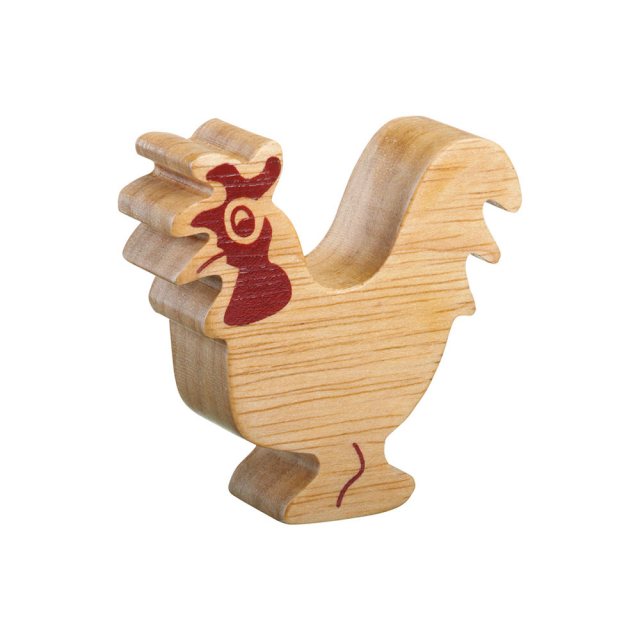 A chunky wooden cockerel toy figure in profile, plain with wood grain