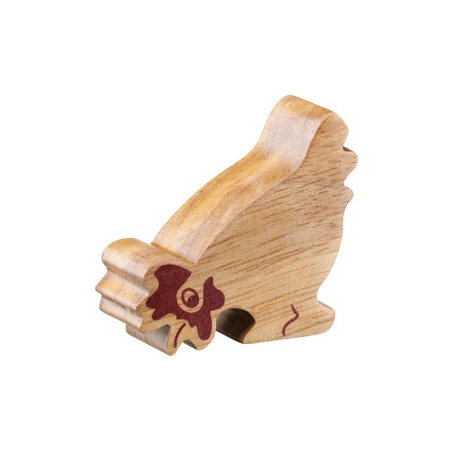 A chunky wooden chicken toy figure in profile, plain with wood grain