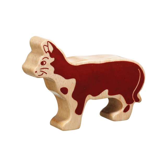 A chunky wooden cat toy figure in profile, plain with wood grain