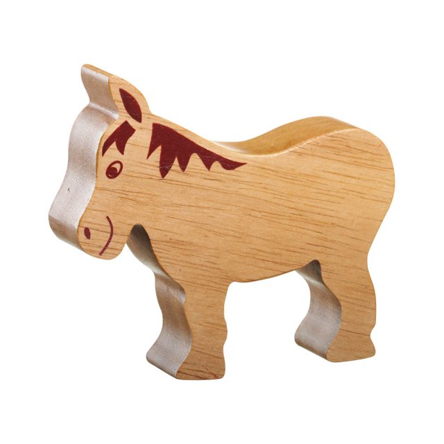 A chunky wooden donkey toy figure in profile, plain with wood grain